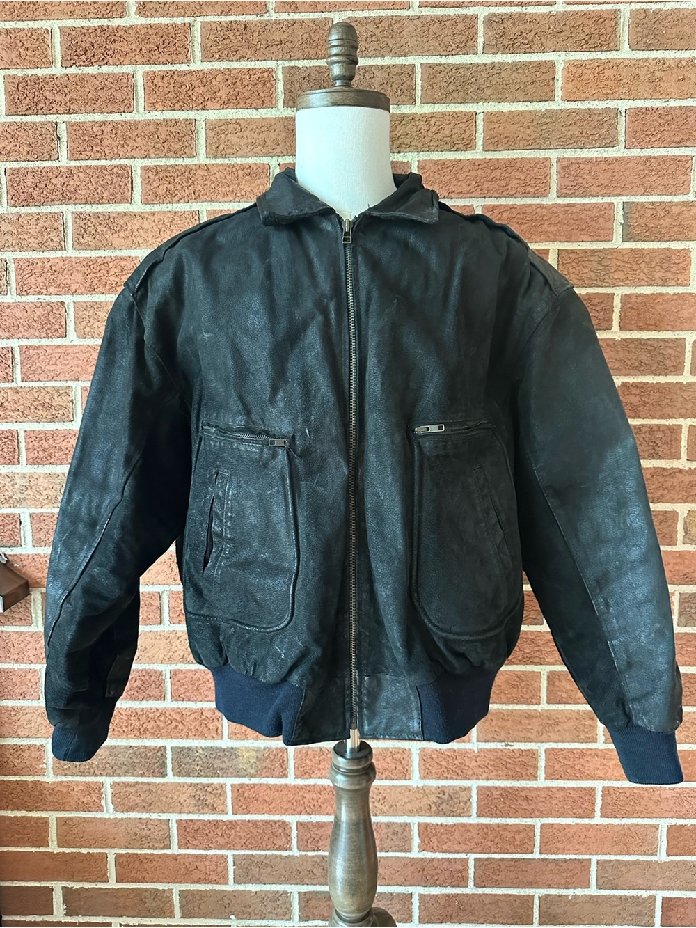 Vintage Phase 3 Black Leather Bomber Jacket 2XL Made In Japan Map Lining